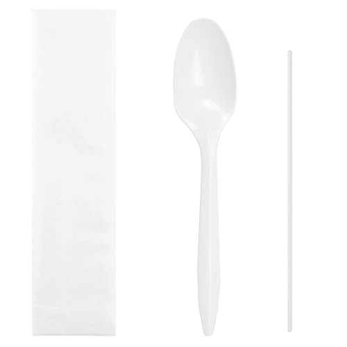 Daxwell Plastic Cutlery Kits, Medium Weight Polypropylene, Spoon, Milk Straw, Napkin, White, B10003515 (Case of 1,000)
