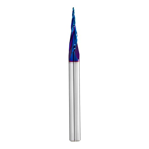 CNC Router Bits 1/4 inch Shank Spiral Tapered Ball Nose 2D & 3D Carving Bit 6.2 Deg Tapered Angle Ball Tip R0.4 1/4" Shank 3" OVL for Wood Carving Engraving Detail Profile
