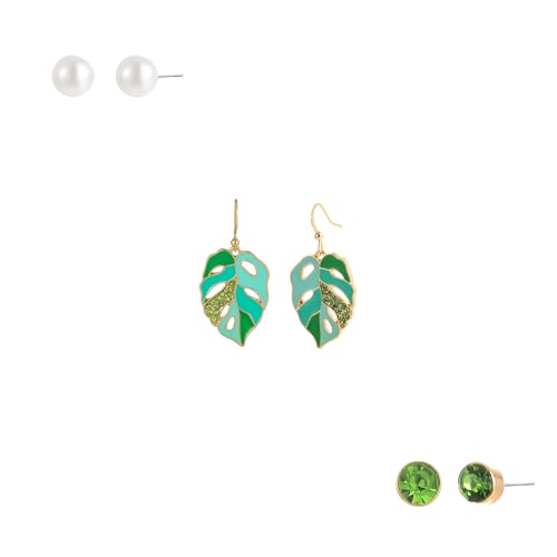 Madison Tyler 3 Pairs Green Leaf Dangle Earrings | New Summer Studs Earring Set | Funny Leaf Shaped Studs