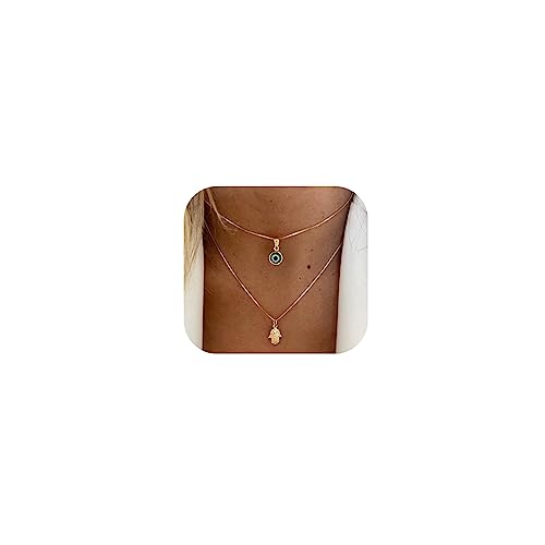 Ieftop 14K Gold Plated Layered Evil Eye Necklaces Bule Hamsa Necklaces Lucky Protection Jewelry Adjustable Delicate Evil Eye Necklace Gift for Women