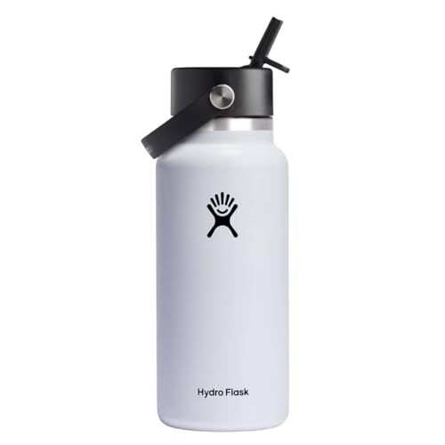 Hydro Flask 32 Oz Wide Flex Straw Cap Bottle - Insulated Stainless Steel - Wide Straw Lid, Non Spill, Leakproof in White