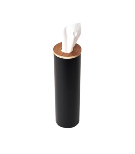 YAMAZAKI Home Rin Reusable Round Tissue Case, Car Tissue Holder, Slim Metal Tissue Container with Wooden Lid - Small - Steel + Wood