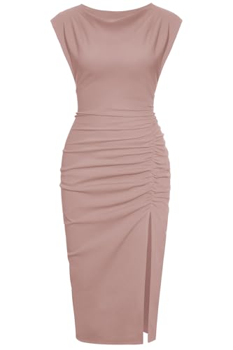 IHOT Semi Formal Cocktail Dresses for Women Elegant Ruched Special Occasion Holiday Graduation Party Midi Sheath Dress Nude Pink XL