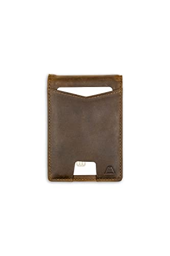 Andar The Apollo Leather Slim RFID Blocking Minimalist Bifold Wallet with Money Clip and ID Slot made of Full Grain Leather Elastic Pull Tab (Saddle Brown)