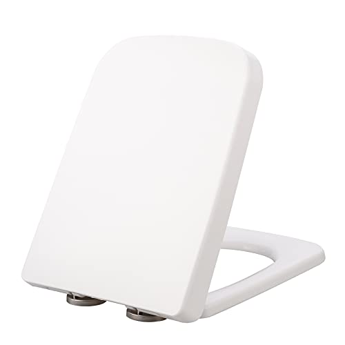 Derefine Round Corner Square Toilet Seat, Thickened Household Universal Toilet Seat, PP Toilet Seat with Brushed Hinges Will Never Come Loose, White, 34cm Width, 42-48cm Length(#1)