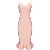 Maketina Women's Mermaid Spaghetti Strap V Neck Bodycon Midi Cocktail Bandage Dress Nude Pink L