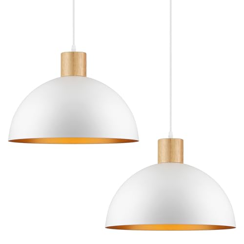 QianZhan 2 Pack Large White Pendant Light, 16 Inch Wood Dome Pendant Lights Fixtures Adjustable Modern Ceiling Hanging Lighting, for Kitchen Island Dining Room Farmhouse Restaurant