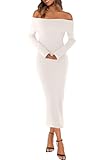 MEROKEETY Women's Winter Off Shoulder Bodycon Sweater Dress Formal Long Sleeve Elegant Cocktail Party Midi Maxi Dresses, White, Medium