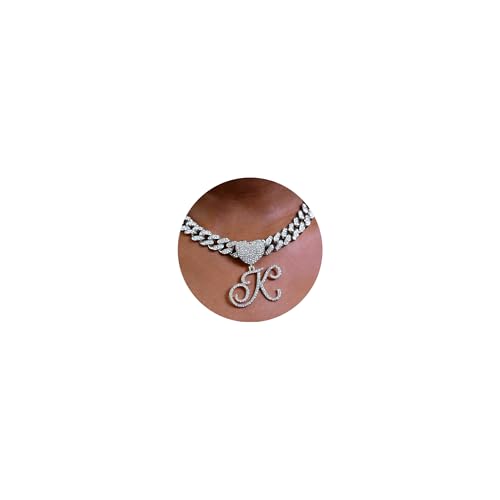 PTJDSMF Cursive Silver Initial Pendant Necklaces Alphabet Pendant Miami Cuban Link Chain Necklace for women Hip Hop Iced Out Letter Chain with Pendant Jewelry … (Cuban Link Chain K)