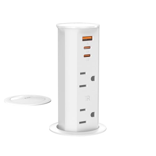 ANNQUAN 2 inch Space Saver Pop Up Outlet for Countertop with PD20W USB Ports,2 Outlets Tamper Resistant,Splashproof Pop Up Socket,Desk Power Grommet for Home Office Kitchen White