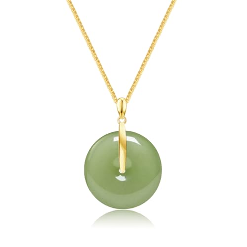 LOOYUUPEE Natural Hetian Jade Pendant Safe Buckle Necklace, Green Donuts Jade 25mm Jade Charm Pendant Adjustable Choker Necklaces, Lucky Gift for Mom Lover Her (925 Sterling Silver with Gold Plated)