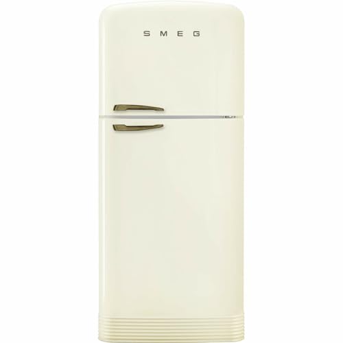 Smeg FAB50 50's Retro Style Top Freezer Refrigerator with Ice Maker 19.28 Cu Total Capacity Multiflow Cooling System Adjustable Glass Shelves Right Hand Hinge Cream with Bronze Handles Made In Italy