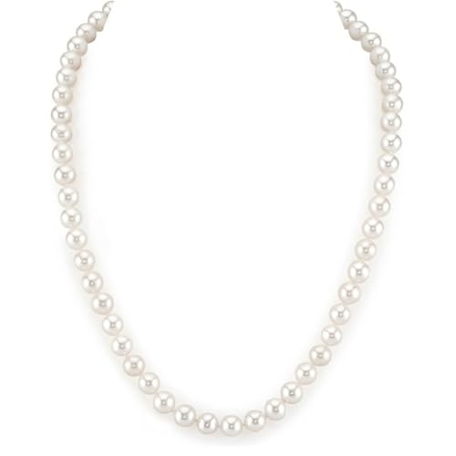 The Pearl Source Real Pearl Necklace for Women with AAA+ Quality Round White Freshwater Genuine Cultured Pearls (White Gold, 7-7.5mm)