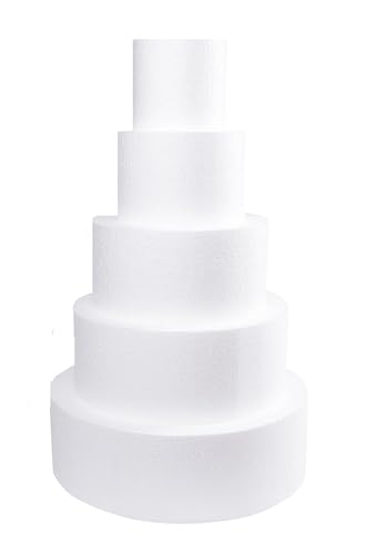 Oasis Supply 5 Piece Round EPS Foam Fake Cake Set / Dummy Cake Set - 5" High by 6" 8" 10" 12" 14" -- Stack up to 5 Tiers