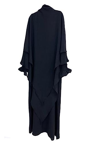 Women Prayer Dress Muslim Ramadan Garment Abaya Dubai Islam 2 Piece Set Layered Khimar Scarf Hijab and Long Dress Black