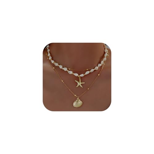 Seashell Starfish Necklace for Women Conch Shell Summer Pearl Beach 14k Gold Layered Dainty Choker (3 Layered Necklace)