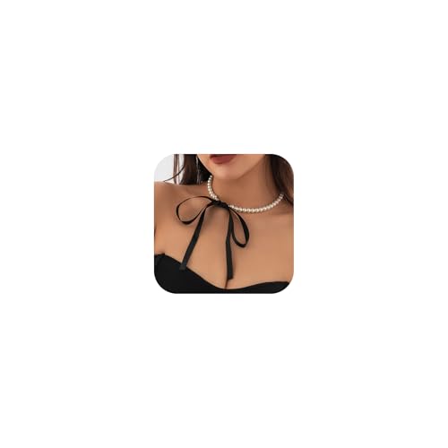 Black Bow Pearls Choker for Women Long Bowknot Ribbon Pearl Beaded Collar Necklace Fashion White Bows Velvet Collarbone Necklaces Trendy Formal Jewelry (Black)
