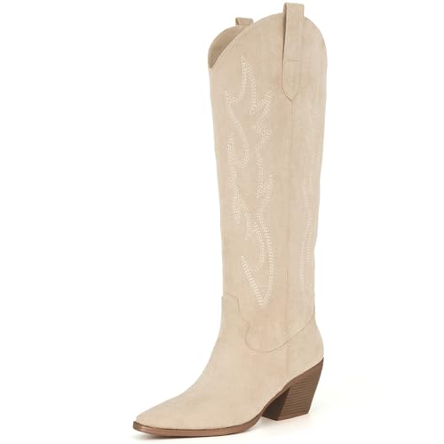 iiimmu Cowgirl Tall Boots Pointed Toe and Block Heel Cowboy Suede Boots with Embroidered, Beige, Size 8