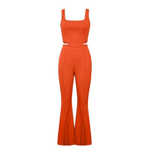 UKTZFTBMTS Women's Tracksuit Korean Sleeveless Vest Open Casual Pants Set-Orange-Medium