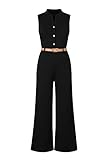 Pink Queen Womens Jumpsuits Elegant Button Loose Long Wide Leg Jumpsuits Romper (XL, Black)