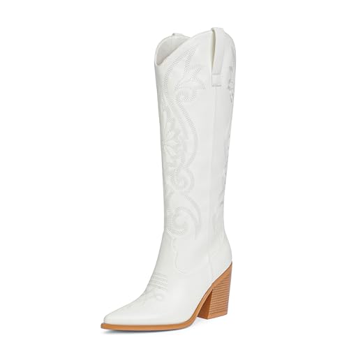 Modatope White Cowboy Boots for Women Chunky Heel Embroidery Cowgirl Boots Block Heel Almond Toe Knee High Western Boot Size 8