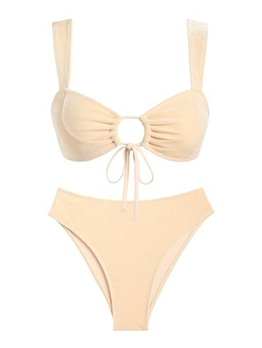 seamoly Vintage Velvet Mesh Ruched Cinched Tied Cheeky Bikini Set,Apricot,S