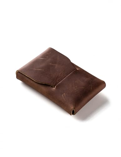 Crazy Horse Craft, Slim Leather Card Holder for Men or Women, Wood Brown Minimalist Wallet, Small Money Organiser