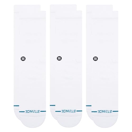 Stance Icon Casual Crew Socks 3-Pack, Cotton Blend and Cushioning Arch Support, White, Large