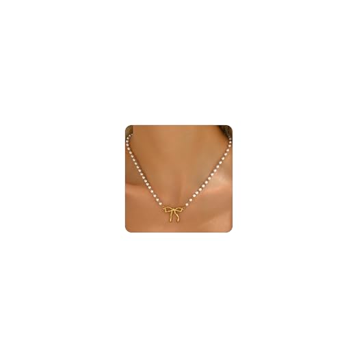Dabovos Pearl Necklace for Women 18K Gold Plated Bow Necklace Dainty Bow Pendant Pearl Necklace Trendy Bow Jewelry Gift