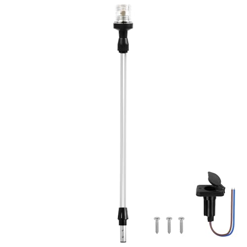 Obcursco Boat Stern Lights, Telescoping Pole 3NM 360° LED Anchor Light with Base, 12V Adjustable Navigation Lighting for Pontoon, Yacht, Bass, and Fishing Boats (27"-48", Silver)