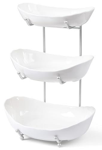 HBlife Fruit Bowl for Kitchen Counter - 3 Tier Ceramic Fruit Bowl with Metal Stand, Tiered Fruit Basket for Kitchen, Snack, Dessert Tray Plate Rack for Party