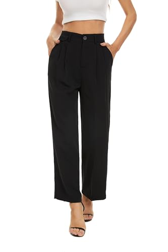 FUNYYZO Women Loose Pleated Front Cropped Pants Wide Leg Straight Trousers with Fake Pocket in The Waist (Medium, Black)