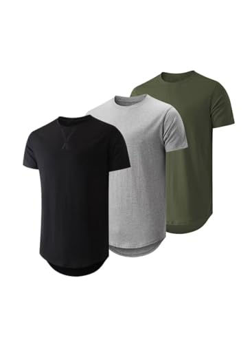 Dokotoo Men Men's Tee Shirts Cotton Longline Crewneck Short Sleeve Casual Fitted Dress Hawaiian Hipster Hip Hop Fish Golf Beach Swim Workout Athletic 3 Pack T-Shirt Black/Light Gray/Army Green Large
