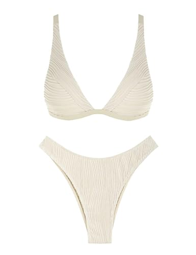 ZAFUL Swimsuits for Women 2025 Cheeky Thong Bikini Sets High Waisted Trending 2 Piece Bathing Suits Beige L
