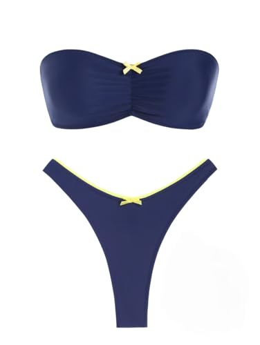 seamoly Bowknot Cinched Ruched Side Bandeau Thong Bikini Set,Deep Blue,L