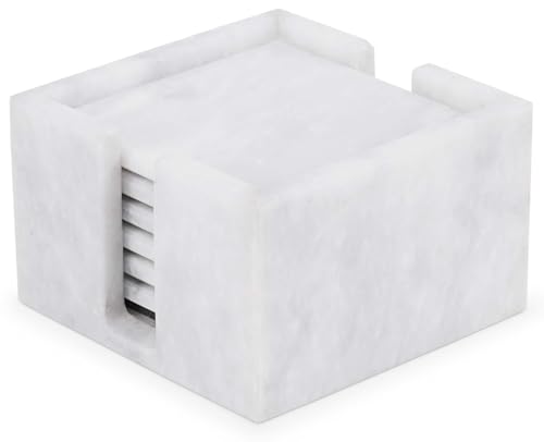 Marble Coasters Set of 6 White 3.5 Inch Square Coaster for Drinks with Holder, Drink Coaster for Tabletop & Coffee Table Decor, Ideal Home Decor House Warming Gifts