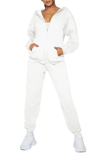 Fixmatti Women 2 Piece Outfits Matching Zip Up Hoodies and Sweatpants Sets Tracksuit Jogging Suit White M