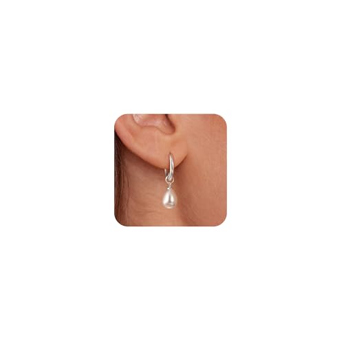 Pearl Dangle Earrings for Women, Silver Plated Small Pearl Drop Huggie Hoop Earrings, Hypoallergenic Dainty Silver Earrings Wedding Jewelry Gifts for Women Trendy
