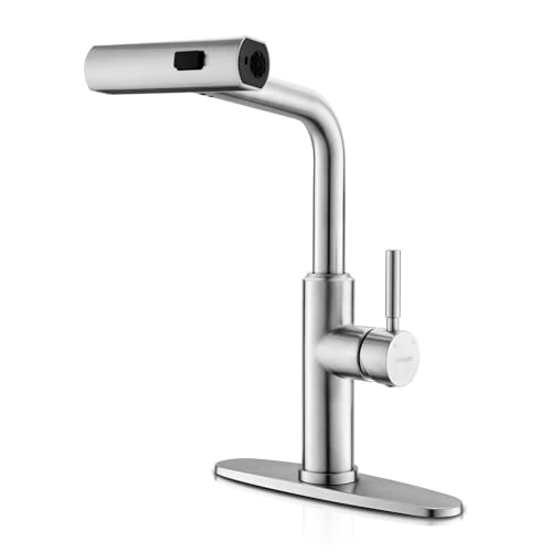 WEWE Waterfall Kitchen Faucet with Pull Down Sprayer, 3 Modes(Sweep/Stream/Waterfall) Rotary Switch Mode Stainless Steel Kitchen Sink Faucet Single Lever Handle Brushed Nickel Sink Fuacet