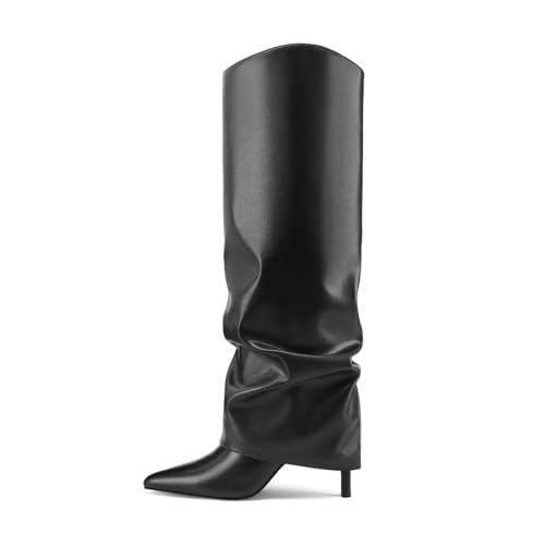 Vaslemuse Womens Knee High Boots Fold Over Stiletto Heels Slouchy Boots Pointed Toe Sexy Long Boots Shark Tall Shoes with Side Zipper - Black 9