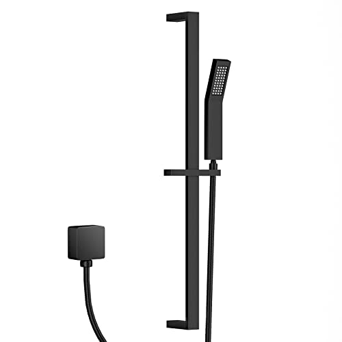 YUESIMATE Handheld Shower Head with Slide Bar, Solid Brass Shower Slide Bar Matte Black Square, Adjustable Height Shower Head with Handheld Spray, Shower Wand Holder, 59.06-Inch Shower Hose