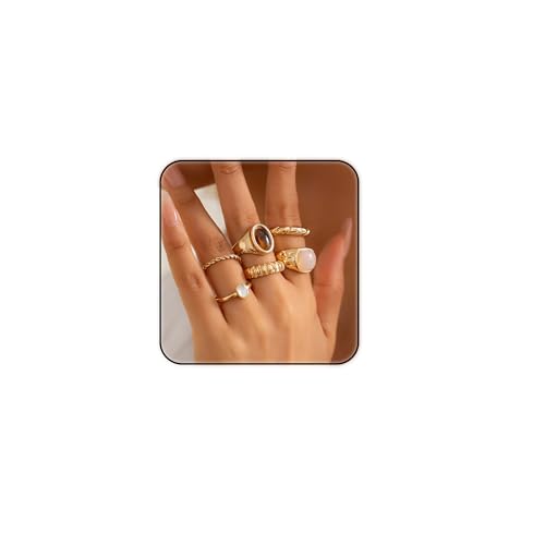 ZMANYIJEW 5PCS Gold Rings Set for Women Ruffled Colorful Stone Gold Ring Set Chunky Gold Rings Adjustable Silver Bold Thick Rings Gold Statement Rings Open Dome Ring for Women (Gold A)