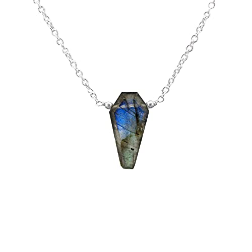 Gempires Labradorite Crystal Coffin Pendant Necklace, Gothic Necklace with Dainty Silver Plated Adjustable Chain - Western Necklace for Halloween and Christmas Gifts