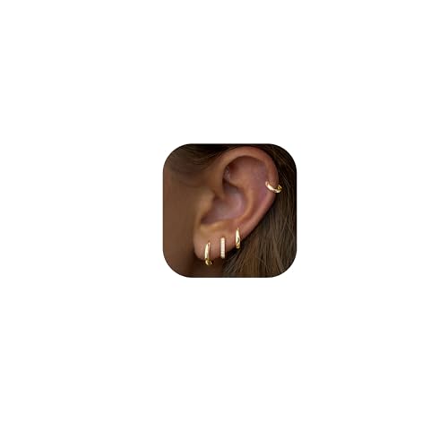 Poxtex Gold Hoop Earrings for Women Trendy Hypoallergenic Small Huggie Cartilage Stack Earring Set for Sensitive Ears Clip On 14K Cute Gold Helix Conch Rook Tragus Daith Piercing Jewelry Gifts for Mom