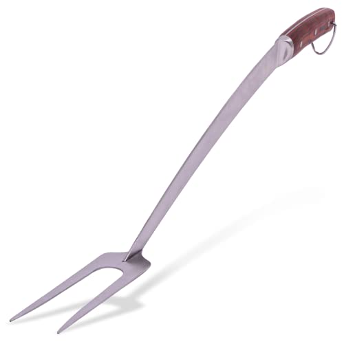 Grill Fork 24-inch Super Long for Grilling Barbecue Griddle and Fire Pit Extra Strong Curved Neck Premium Hardwood Handle Large Stainless Steel Tines for BBQ Outdoor Kitchen and Grilled Food