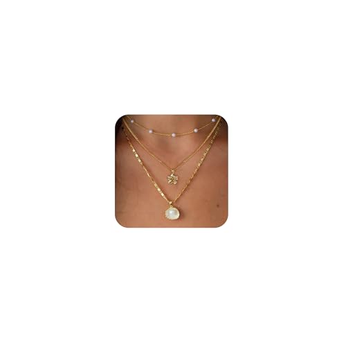Sargetou Charm Necklaces for Women,14k Gold Plated Waterproof Dainty Choker Necklaces Summer Seashell Flower Pearl Beach Cute Cuban Paperclip Necklace Set Fashion Jewelry Gift