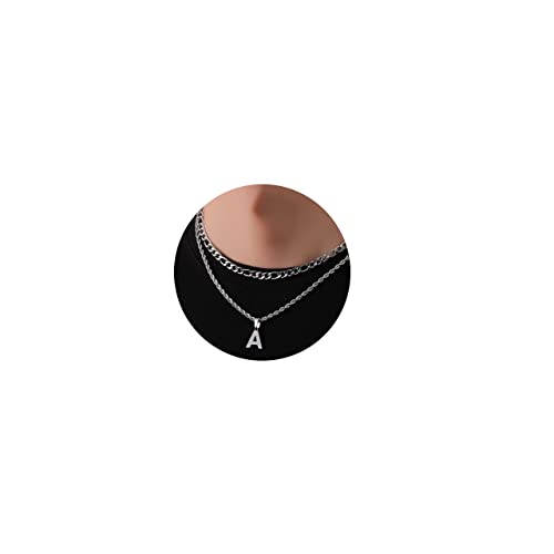 WEDDINEN Silver Initial A Necklace for Men Boys, Layered Stainless Steel Letter A Pendant Necklaces Chain Jewelry Valentines Christmas Gifts Him Male Teen Boyfriend Collar Cadenas Para Hombre