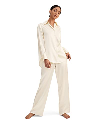 LilySilk Silk Pajama Set for Women Silk 2 pieces Ladies PJ Set Trendy Pullover SOS-Style Sleepwear, Lily White L