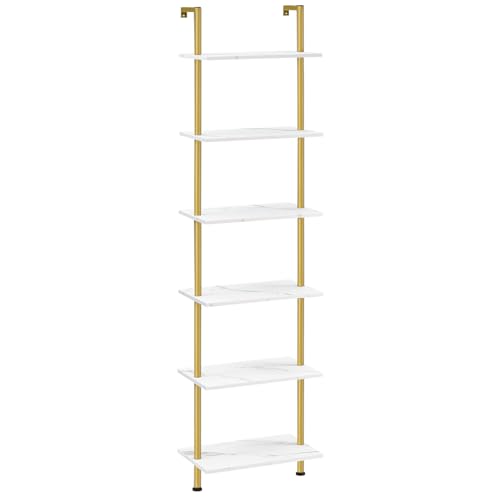 HOOBRO DIY Ladder Shelf, 6-Tier Wooden Wall Mounted Bookshelf, Narrow Gold Bookcase, Display Shelf, Storage Rack, Plant Stand, for Living Room, Bedroom, Study, Balcony, Marble and Gold DM651CJ01