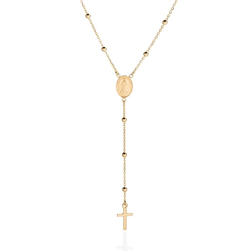QUADRI - 18K Gold Over Sterling Silver Rosary Virgin Mary Necklace - Premium Cross Chain Rosary Necklace Gold - Beautiful Cross Necklace with Beads Chain for Women and Men 19" 925 Italian Silver
